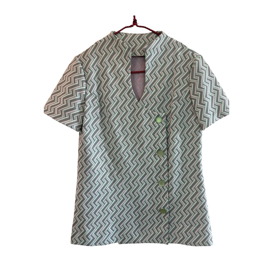 Vintage Mod Geometric Keyhole Blouse Green White Greek Key Side Button Top